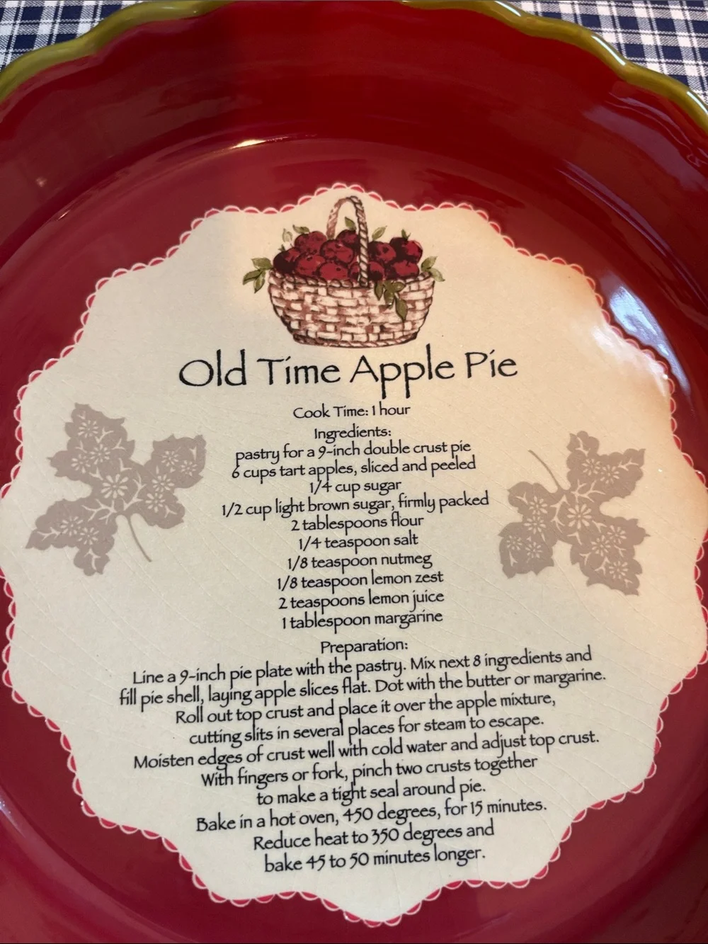 Old Time Apple Pie Ceramic Pie Dish - Red with Olive Rim